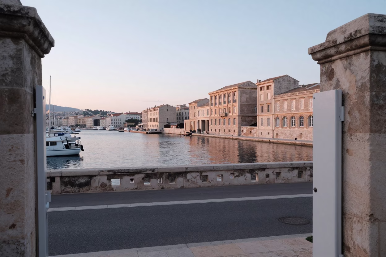 Early Morning Marseille Port View with Old Building Facades and Harbor Details in in Marseille, France