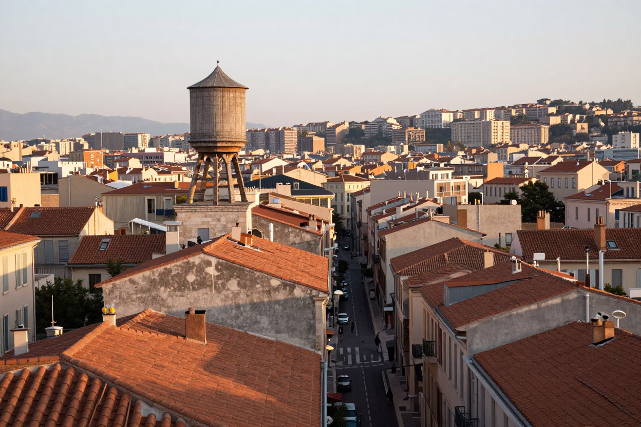 Early Morning Marseille Rooftop View with Water Tower and Urban Life in in Marseille, France