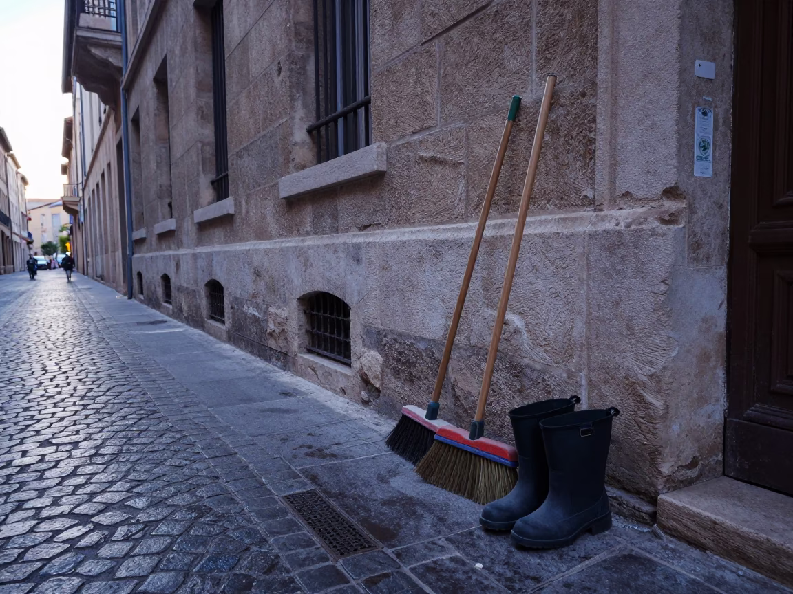 Early Morning Marseille Street Scene with Brooms and Boot Scraper Before Sunrise in in Marseille, France