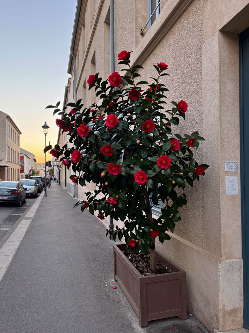 Early Morning Marseille Street Scene with Camellia and Urban Details in in Marseille, France