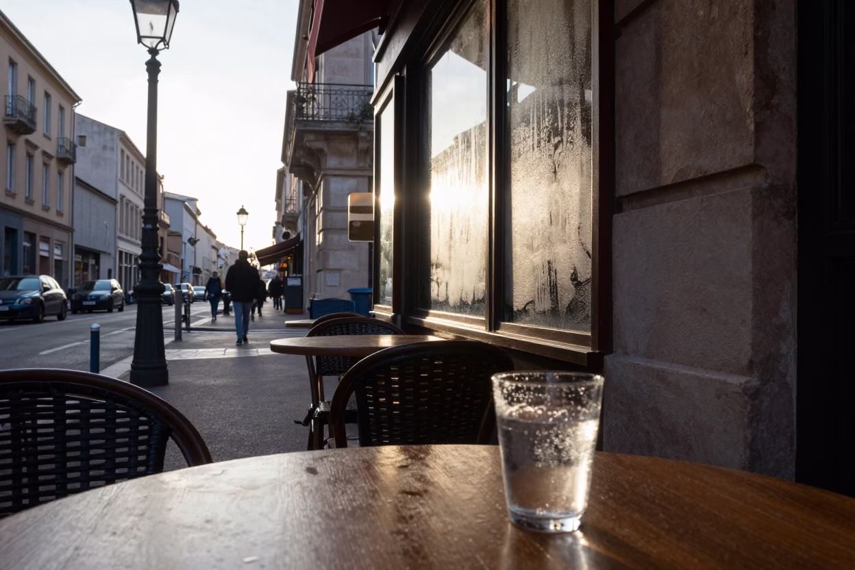 Early Morning Marseille Street Scene with Condensation on Glass and Brushed Steel Urban Details in in Marseille, France