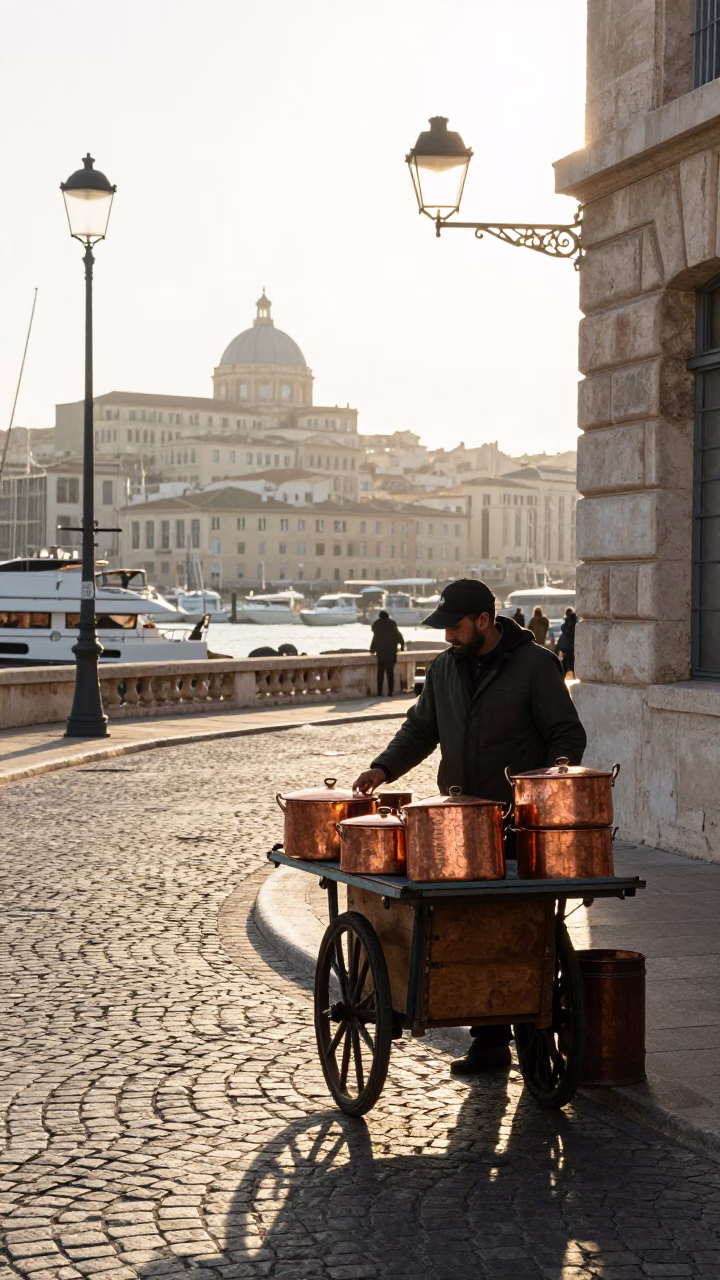 Early Morning Marseille Street Scene with Copper Pots and Porcelain Jars in in Marseille, France