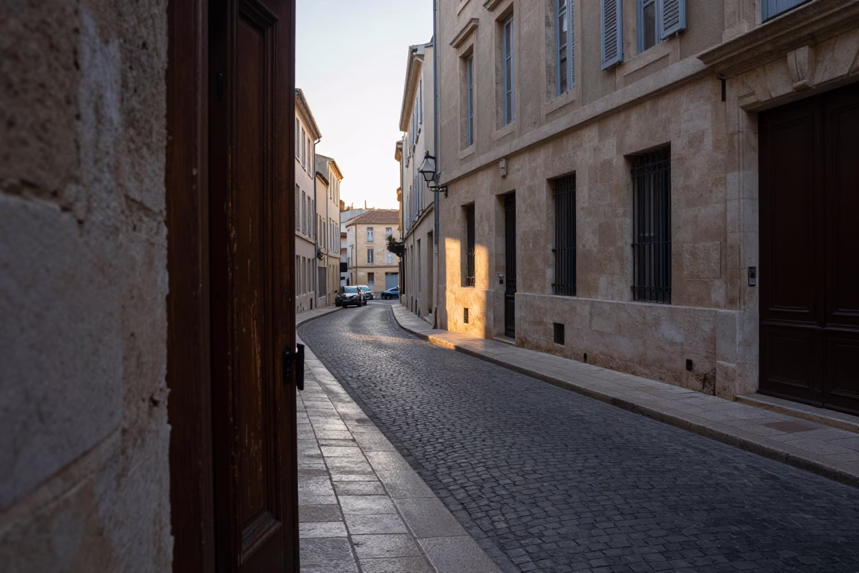Early Morning Marseille Street Scene with Doorframe and Drinking Vessel in in Marseille, France