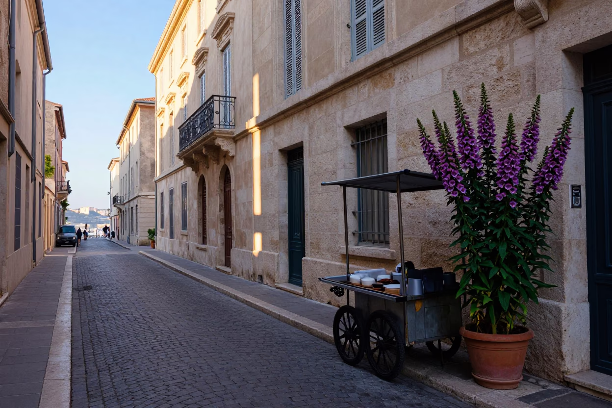 Early Morning Marseille Street Scene with Foxglove and Glass Bowl in in Marseille, France