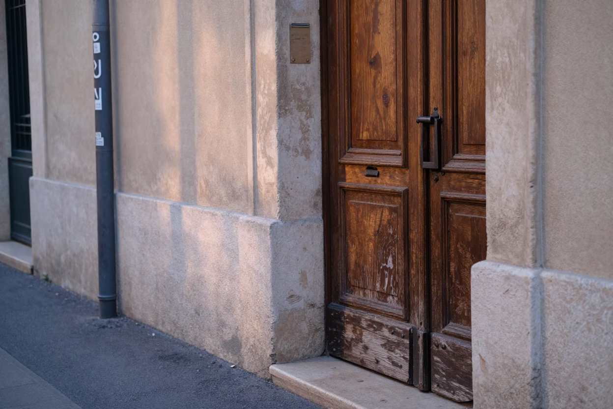 Early Morning Marseille Street Scene with Iron Deadbolt and Jam Jar in in Marseille, France