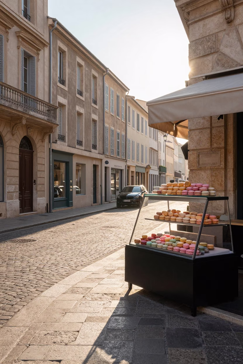 Early Morning Marseille Street Scene with Pastel Macarons and Weathered Stone Facades in in Marseille, France