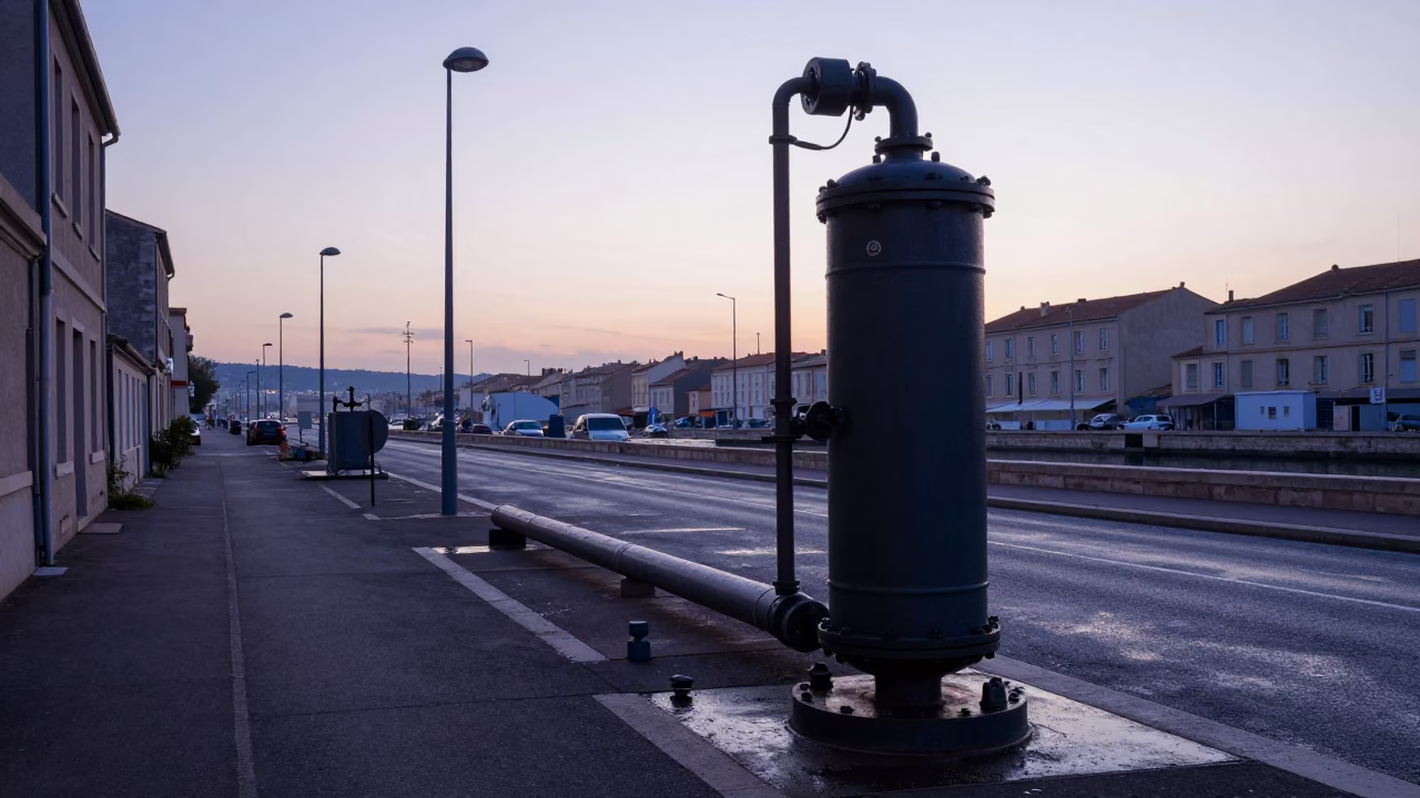 Early Morning Marseille Street Scene with Pipeline Equipment and Dawn Light in in Marseille, France
