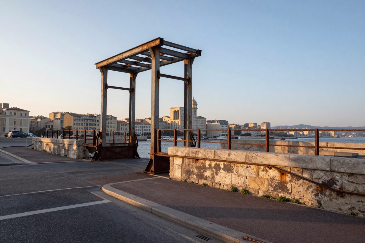 Early Morning Marseille Street Scene with Rusted Drawbridge and Local Life in in Marseille, France
