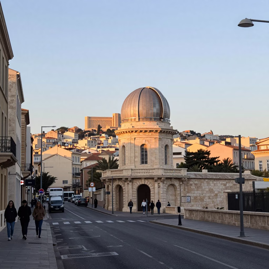 Early Morning Marseille Street Scene with Stone Observatory and Olive Dish in in Marseille, France