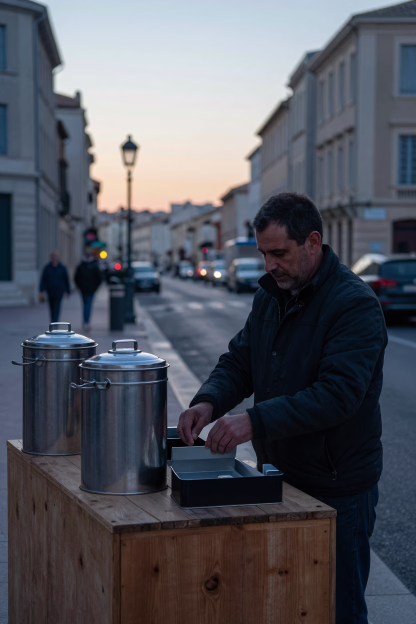 Early Morning Marseille Street Scene with Tiffin Tin and Urban Details in in Marseille, France