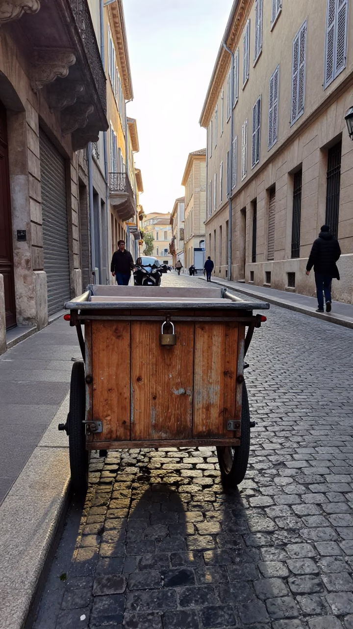 Early Morning Marseille Street Scene with Vendor Cart and Padlock in in Marseille, France