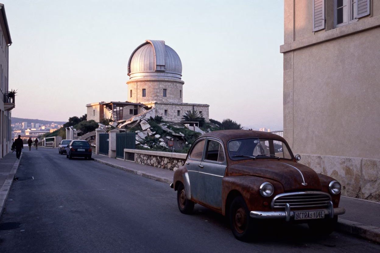 Early Morning Marseille Street Scene with Vintage Car and Cable Car View in in Marseille, France