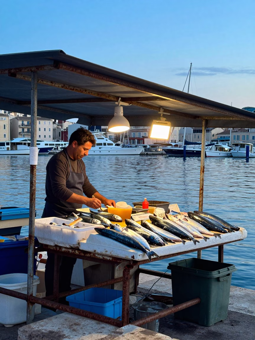 Early Morning Marseille Vieux Port Seafood Stall with Fresh Croissants and Blue Porcelain in in Marseille, France