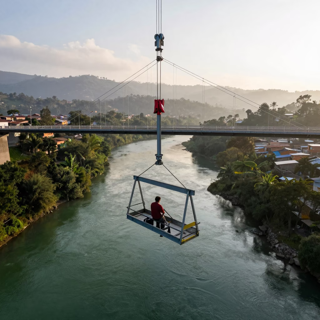 Early Morning Medellin Bridge Maintenance Cradle Hanging Above Green River Water in in Medellin, Colombia