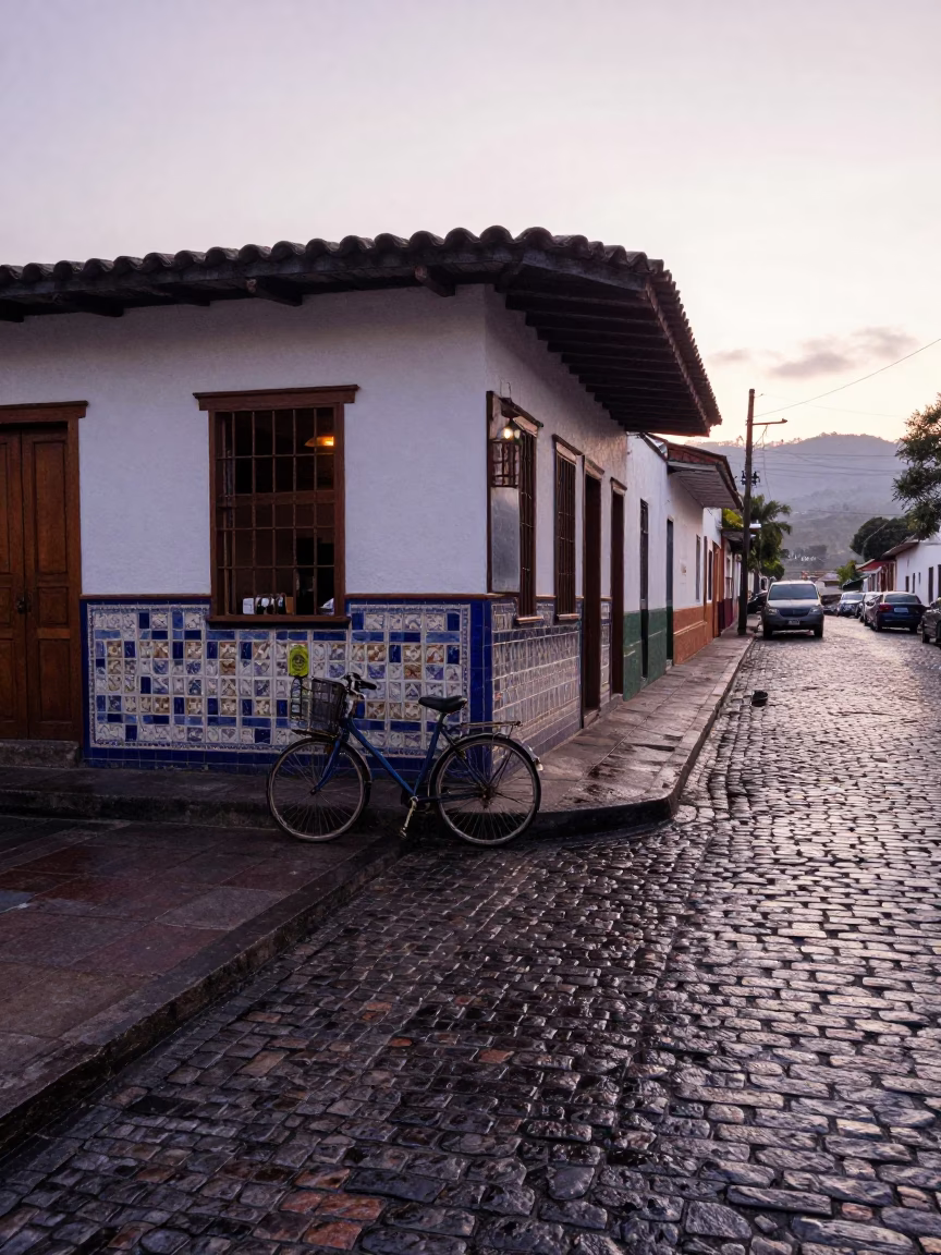 Early Morning Medellin Colombia Street Scene with Bicycle and Bottle in in Medellin, Colombia