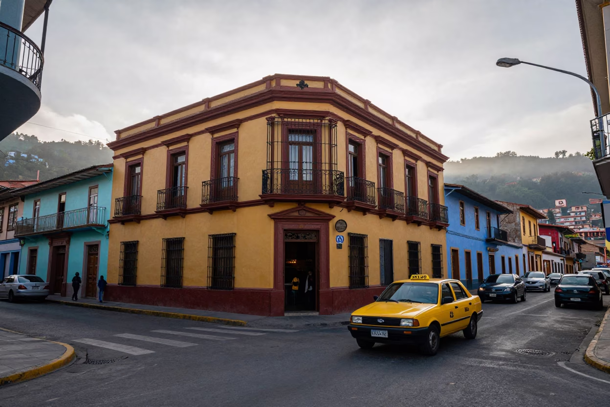 Early Morning Medellin Colombia Street Scene with Colorful Architecture and Local Life in in Medellin, Colombia