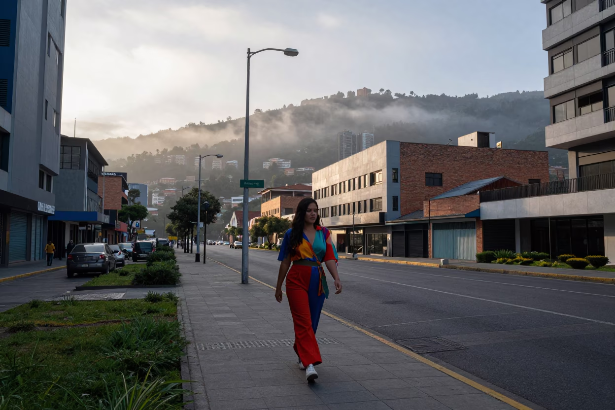 Early Morning Medellin Colombia Street Scene with Urban Architecture and Daily Life in in Medellin, Colombia