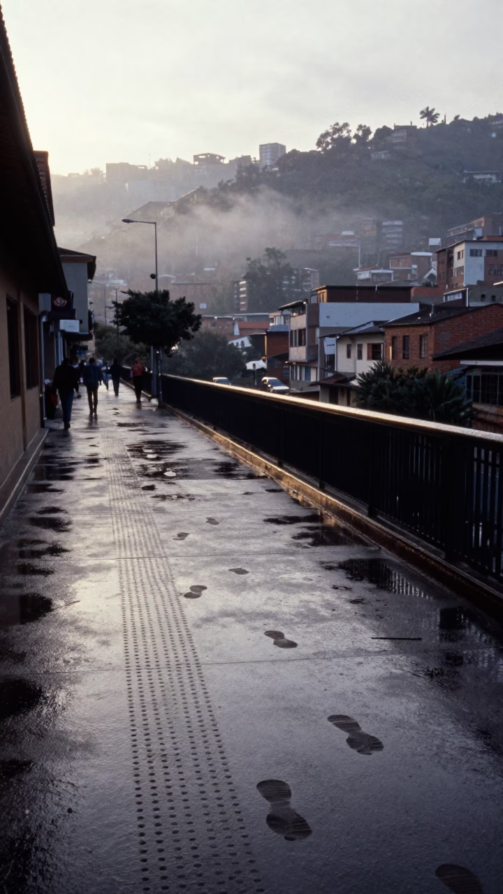 Early Morning Medellin Colombia Street Scene with Wet Footsteps on Pedestrian Overpass in in Medellin, Colombia