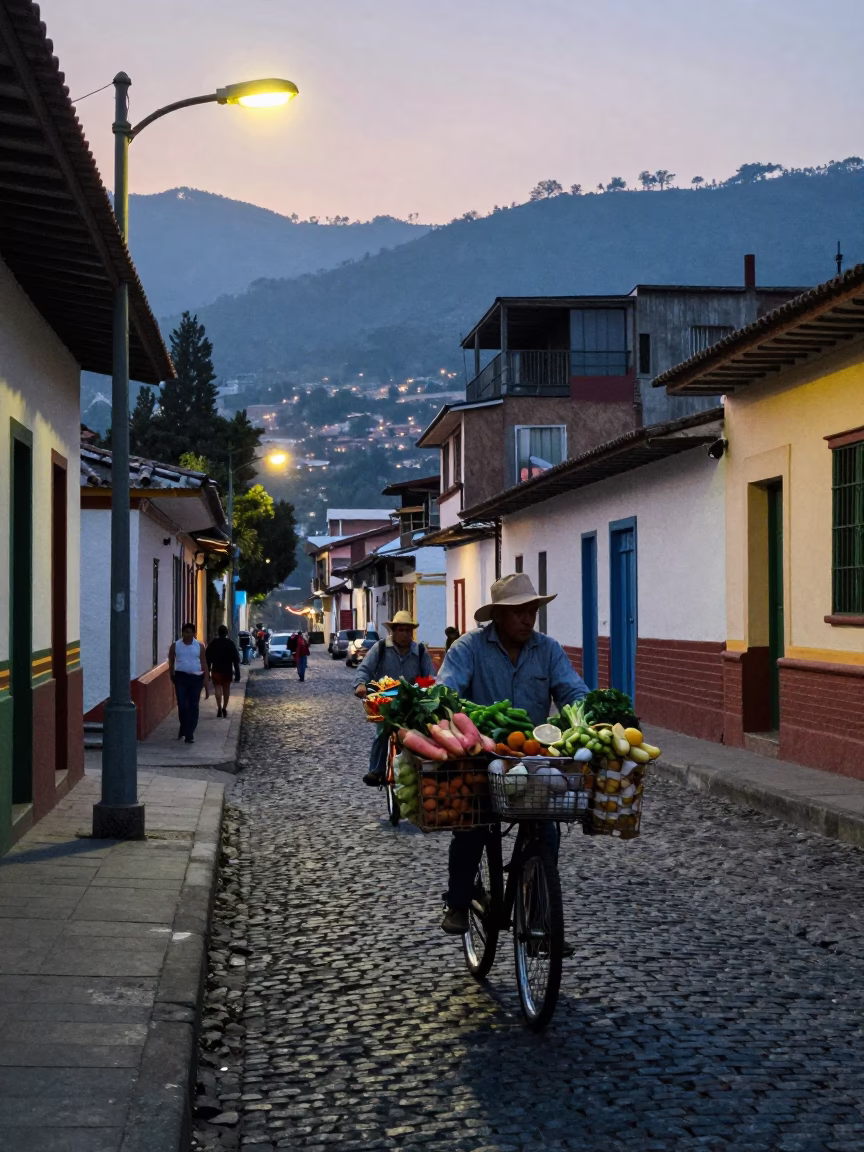 Early Morning Medellín Street Scene with Bicycle and Pre-Dawn Light in in Medellin, Colombia