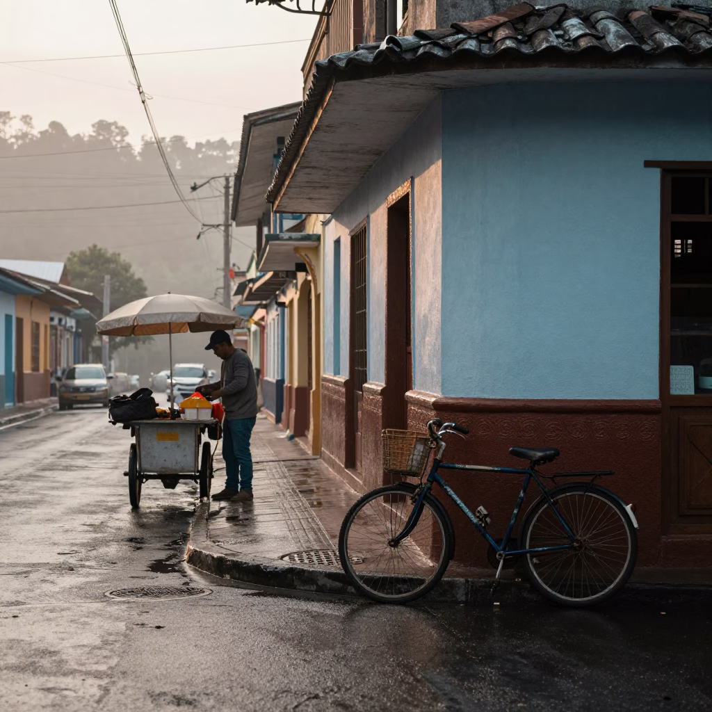 Early Morning Medellin Street Scene with Bicycle Propped Against Bakery and Urban Life in in Medellin, Colombia