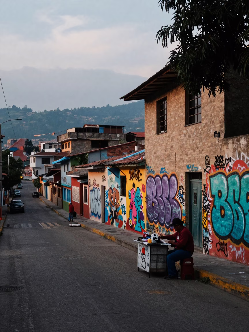 Early Morning Medellin Street Scene with Colorful Graffiti and Local Market Activity Before Dawn in in Medellin, Colombia