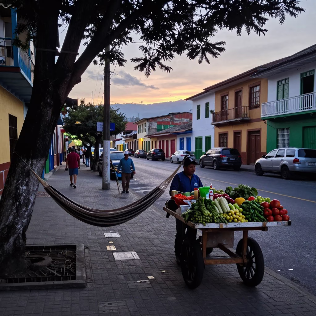Early Morning Medellin Street Scene with Hammock and Air Plant Before Dawn in in Medellin, Colombia