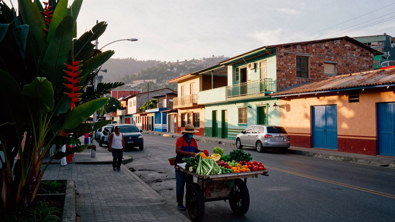 Early Morning Medellin Street Scene with Heliconia and Local Life in in Medellin, Colombia