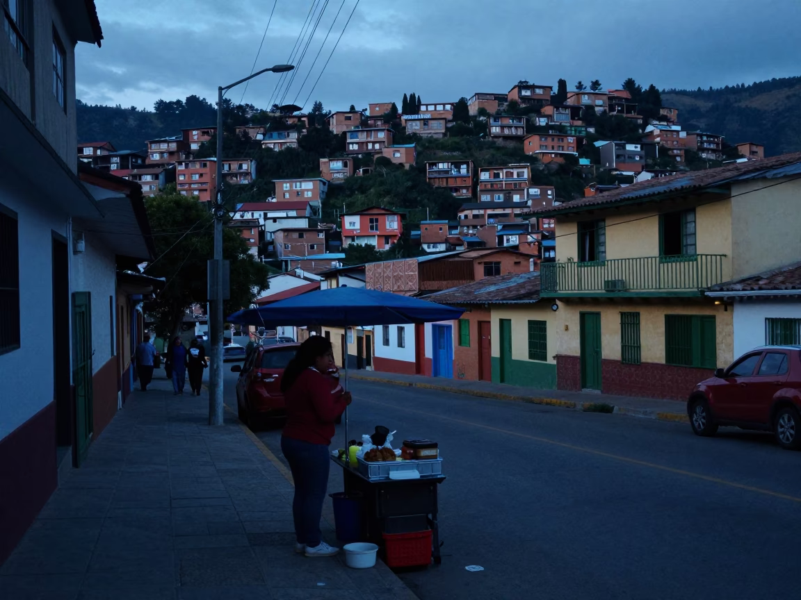 Early Morning Medellin Street Scene with Local Vendor and Urban Architecture Before Dawn in in Medellin, Colombia
