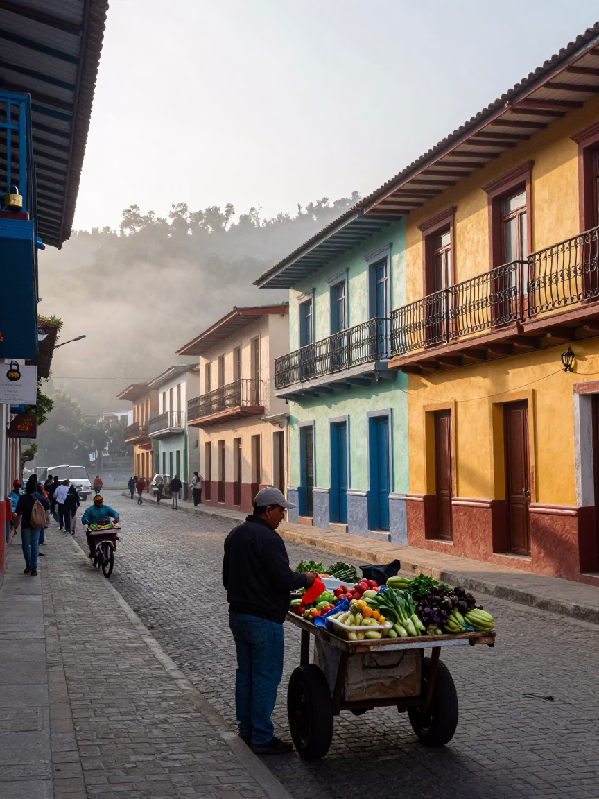 Early Morning Medellin Street Scene with Padlock and Local Market Activity in in Medellin, Colombia