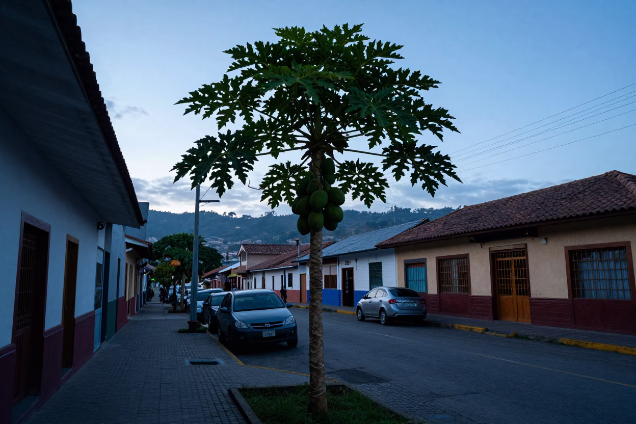 Early Morning Medellín Street Scene with Papaya Tree and Wooden Basin Before Sunrise in in Medellin, Colombia