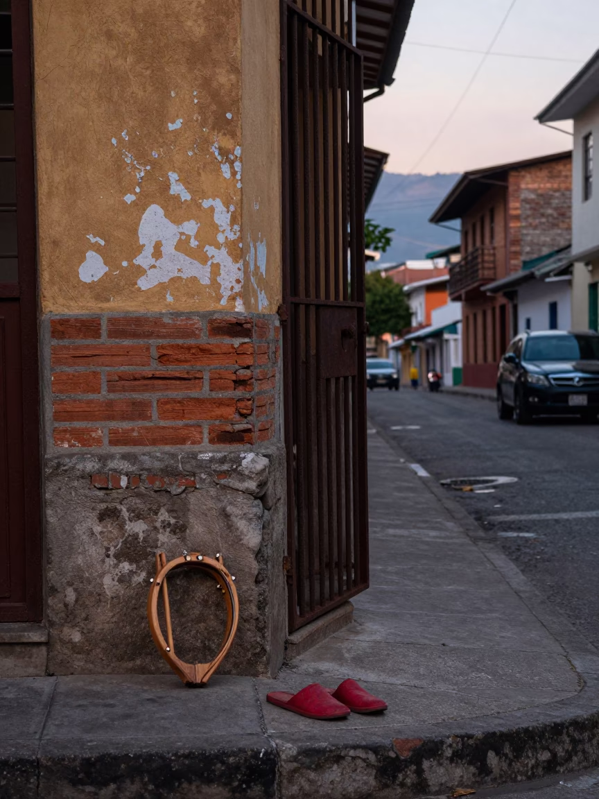 Early Morning Medellin Street Scene with Tambourine and Slippers Near Brick Building in in Medellin, Colombia