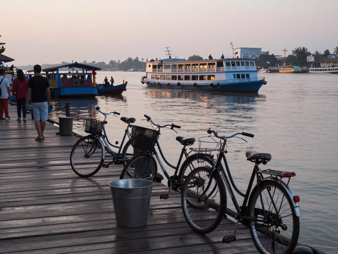 Early Morning Mekong Ferry Dock Activity in Phnom Penh Cambodia Before Sunrise in in Phnom Penh, Cambodia