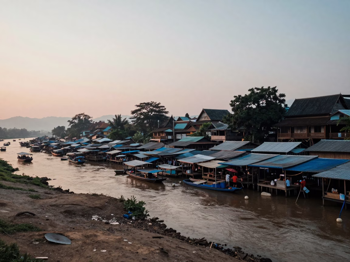 Early Morning Mekong River Market Activity in Luang Prabang Laos Before Sunrise in in Luang Prabang, Laos