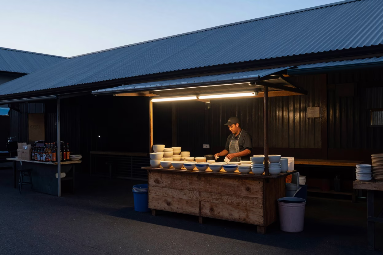 Early Morning Melbourne Market Stall with Ceramic Bowl and Ladle Before Sunrise in in Melbourne, Victoria, Australia