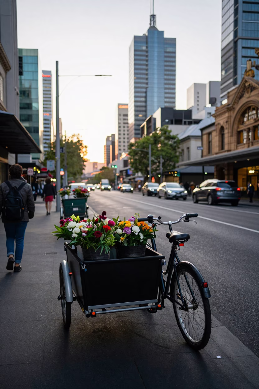 Early Morning Melbourne Street Scene with Cargo Bicycle and Wet Pavement Reflections in in Melbourne, Victoria, Australia
