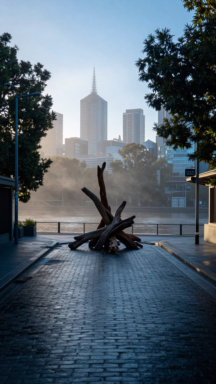 Early Morning Melbourne Street Scene with Driftwood Art Installation and Wet Cobblestones in in Melbourne, Victoria, Australia