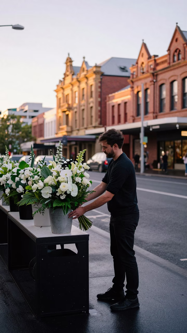 Early Morning Melbourne Street Scene with Florist Arranging Wedding Bouquet in in Melbourne, Victoria, Australia