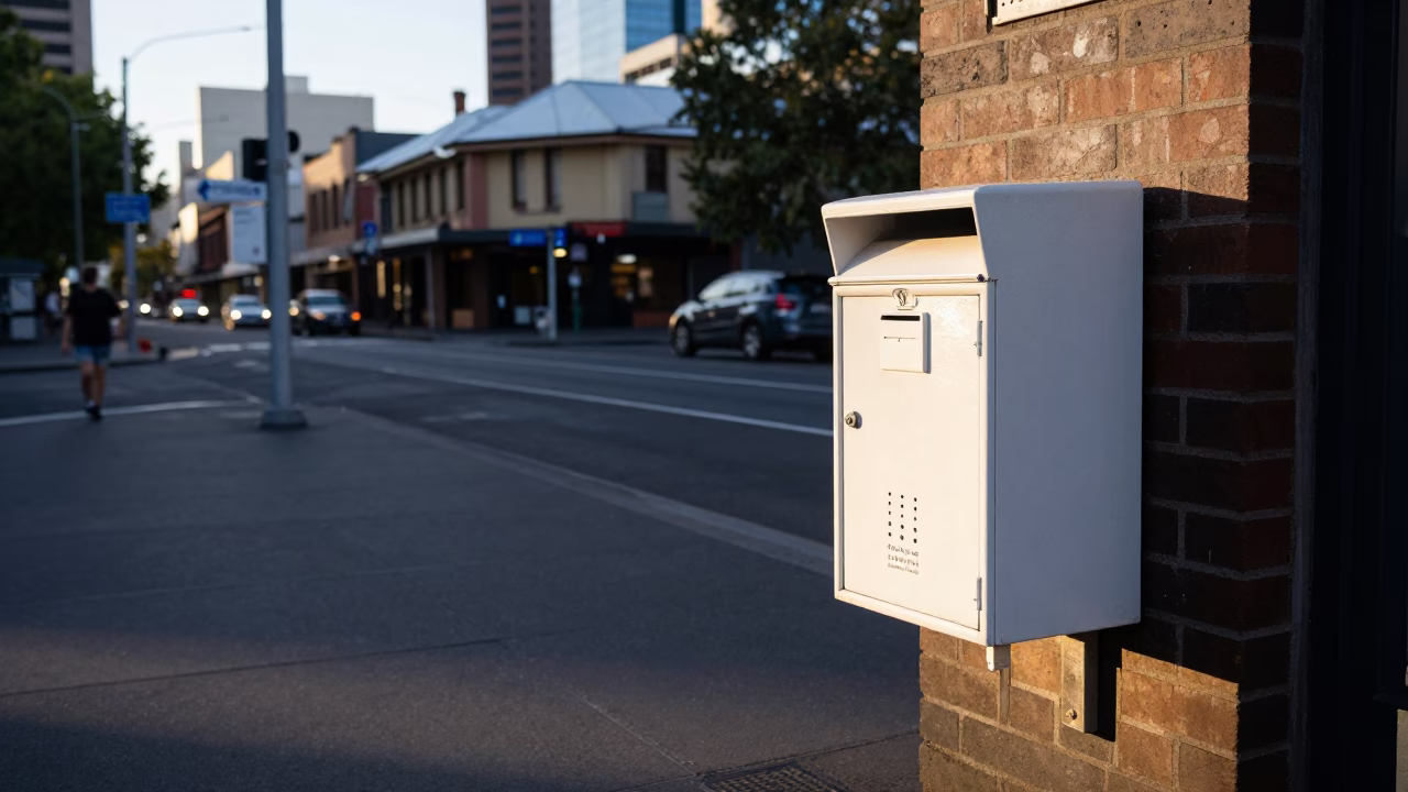 Early Morning Melbourne Street Scene with Mailbox and Perforated Metal Overpass Footsteps in in Melbourne, Victoria, Australia