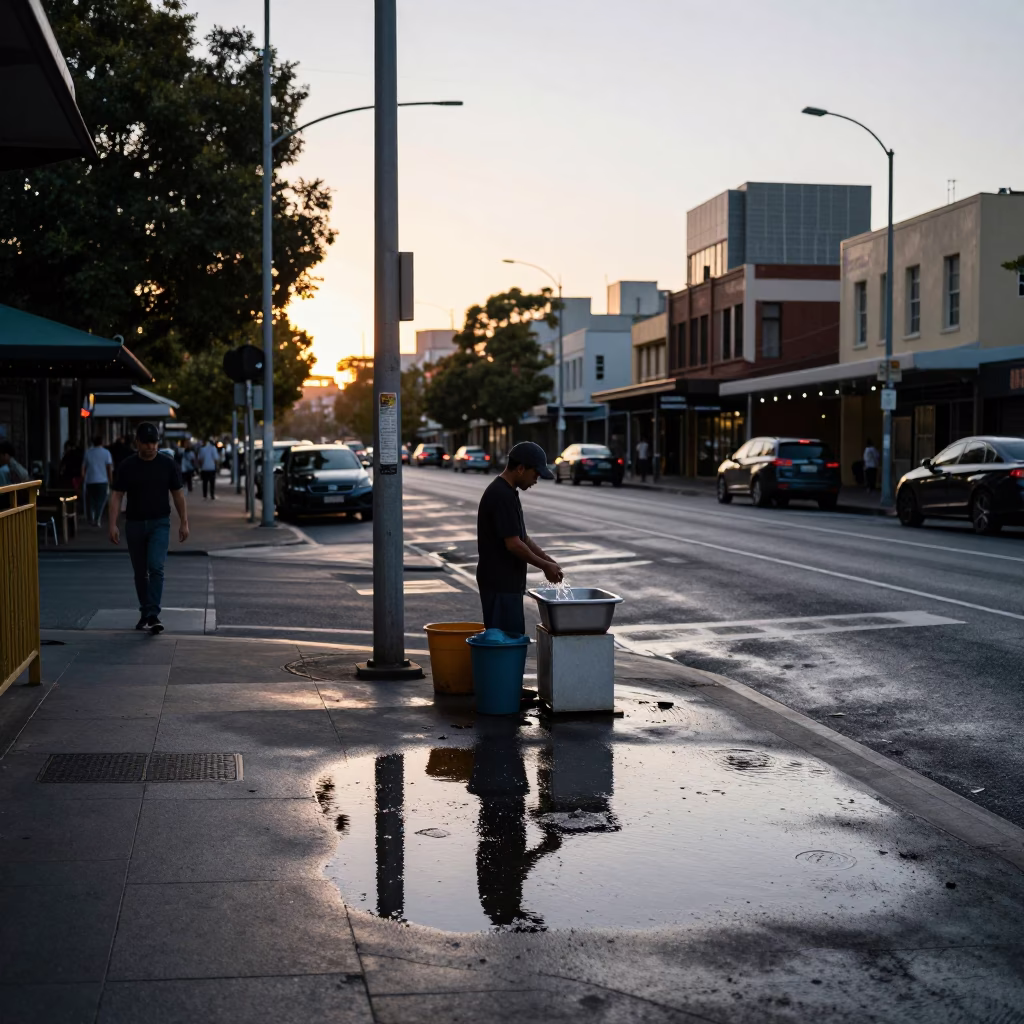 Early Morning Melbourne Street Scene with Substation Puddle and Local Interaction in in Melbourne, Victoria, Australia