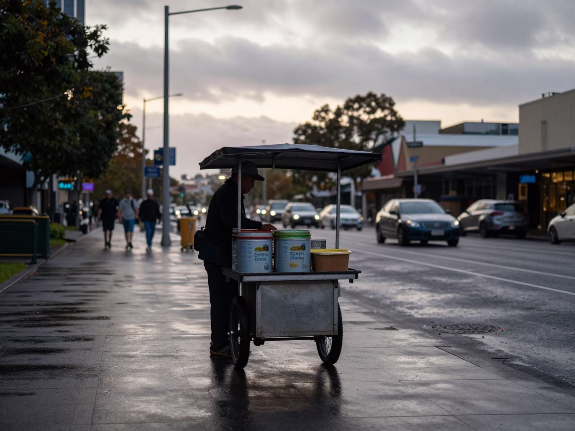 Early Morning Melbourne Street Scene with Tiffin Tin and Pastries in in Melbourne, Victoria, Australia