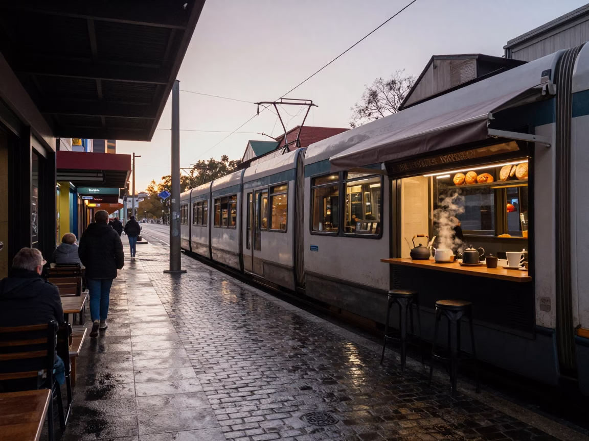 Early Morning Melbourne Street Scene with Tram and Coffee Shop in in Melbourne, Victoria, Australia