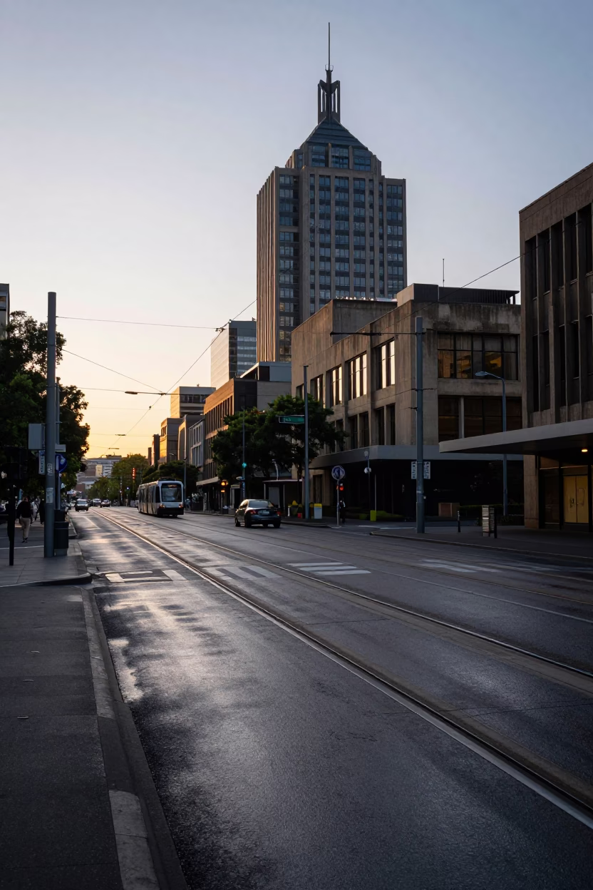 Early Morning Melbourne Street Scene with Tram Tracks and Urban Architecture in in Melbourne, Victoria, Australia