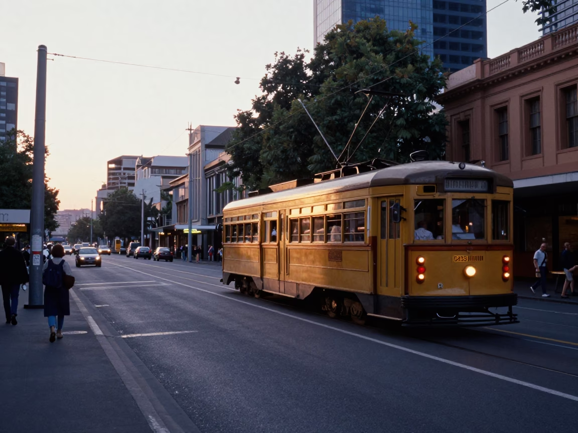 Early Morning Melbourne Street Scene with Trams and Local Life in in Melbourne, Victoria, Australia
