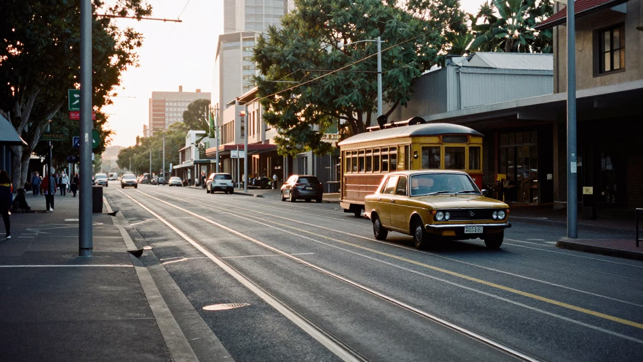 Early Morning Melbourne Street Scene with Vintage 1970s Car and Tram Tracks in in Melbourne, Victoria, Australia