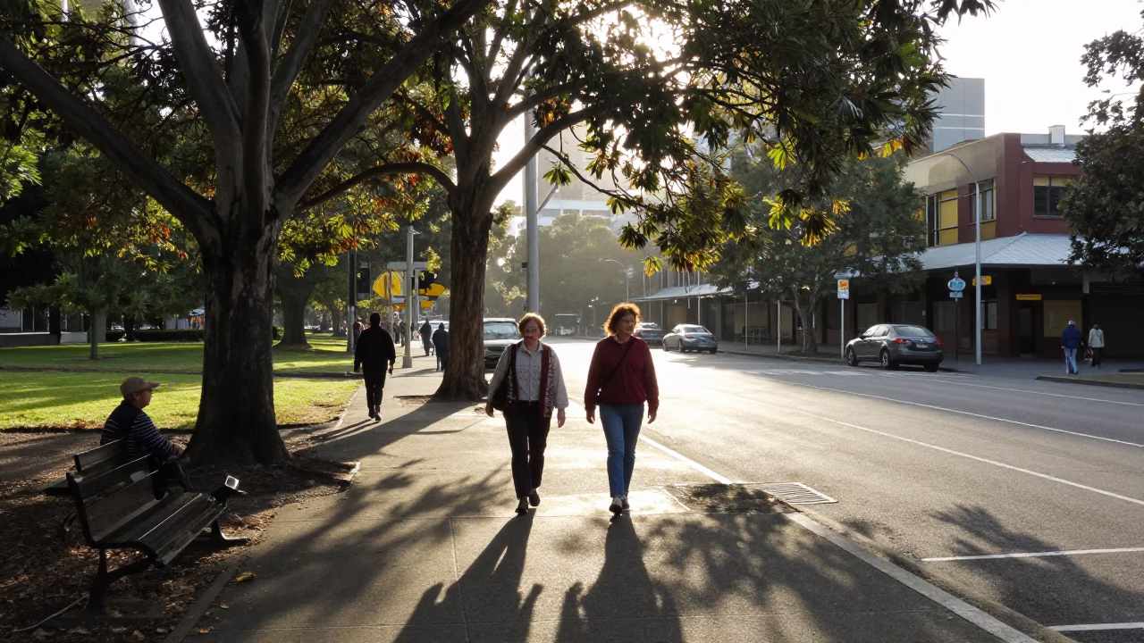 Early Morning Melbourne Street Scene with Vintage Cardigans and Copper Beech Parkland in in Melbourne, Victoria, Australia