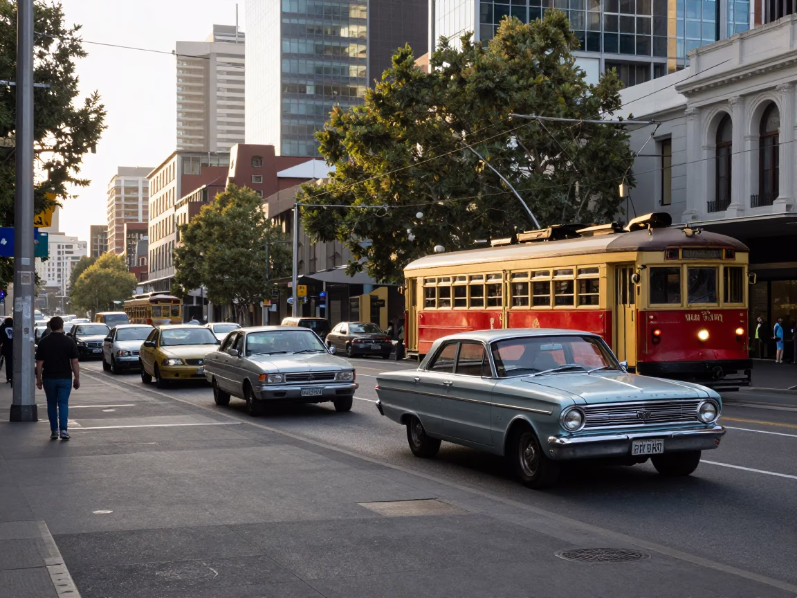Early Morning Melbourne Street Scene with Vintage Cars and Coffee Cup in in Melbourne, Victoria, Australia