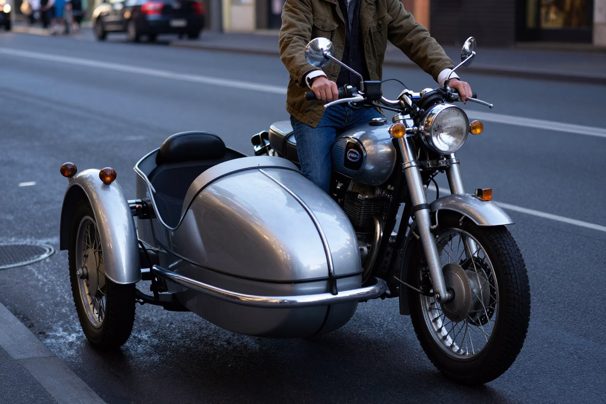 Early Morning Melbourne Street Scene with Vintage Motorcycle and Harbor Breakwater in Background in in Melbourne, Victoria, Australia