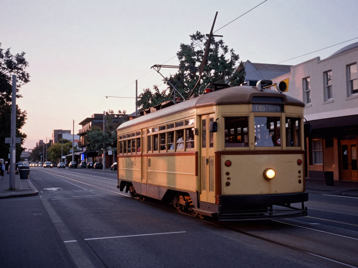 Early Morning Melbourne Street Scene with Vintage Tram and Espresso Cup in in Melbourne, Victoria, Australia