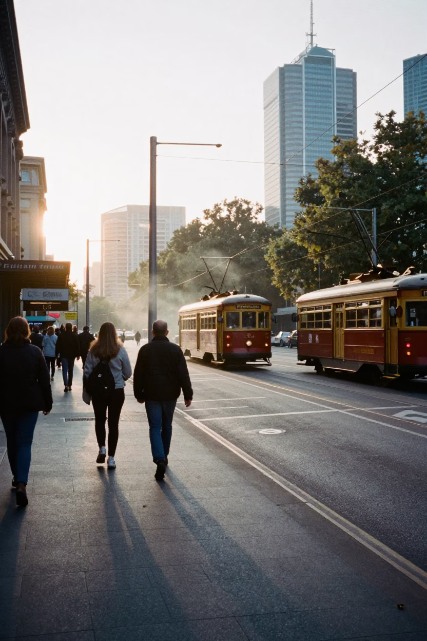 Early Morning Melbourne Street Scene with Vintage Tram and Pedestrians in Victoria Australia in in Melbourne, Victoria, Australia