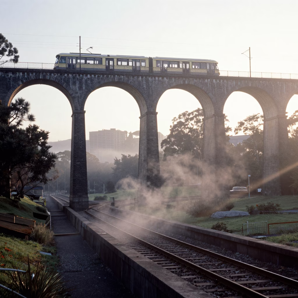 Early Morning Melbourne Tram Crossing Railway Viaduct Arches with Steam Haze in in Melbourne, Victoria, Australia